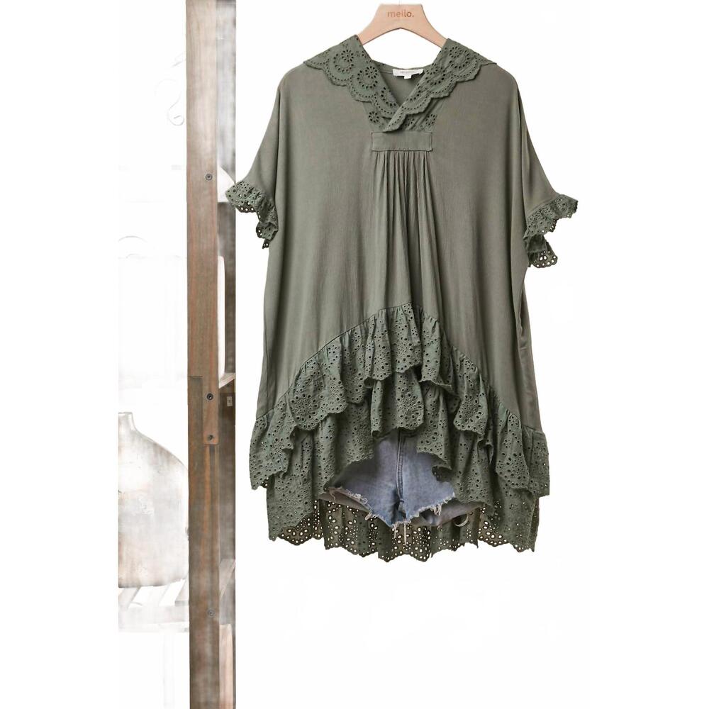 NEW MELLO women's eyelet lace layered oversized hooded top in dusty olive